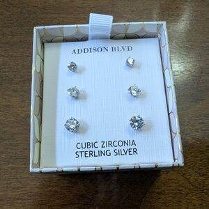 Addison Blvd Earrings 3 Pairs Stirling Silver CZ New In Box With Lid Great Gift